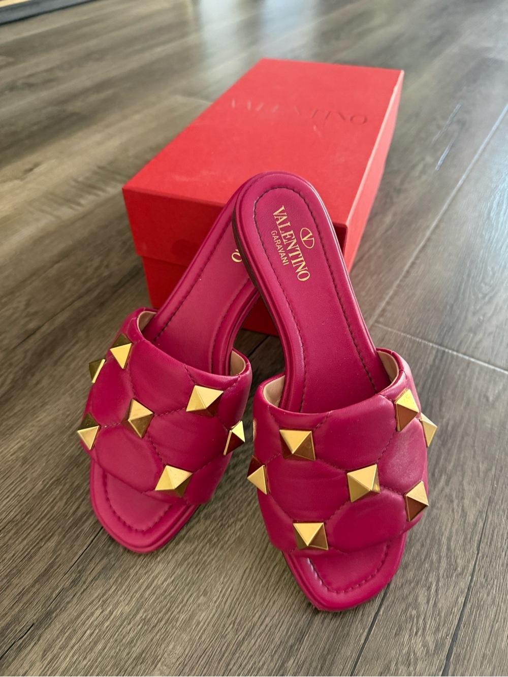 Valentino Garavani Fuchsia Quilted Slide Sandals with Gold Studs